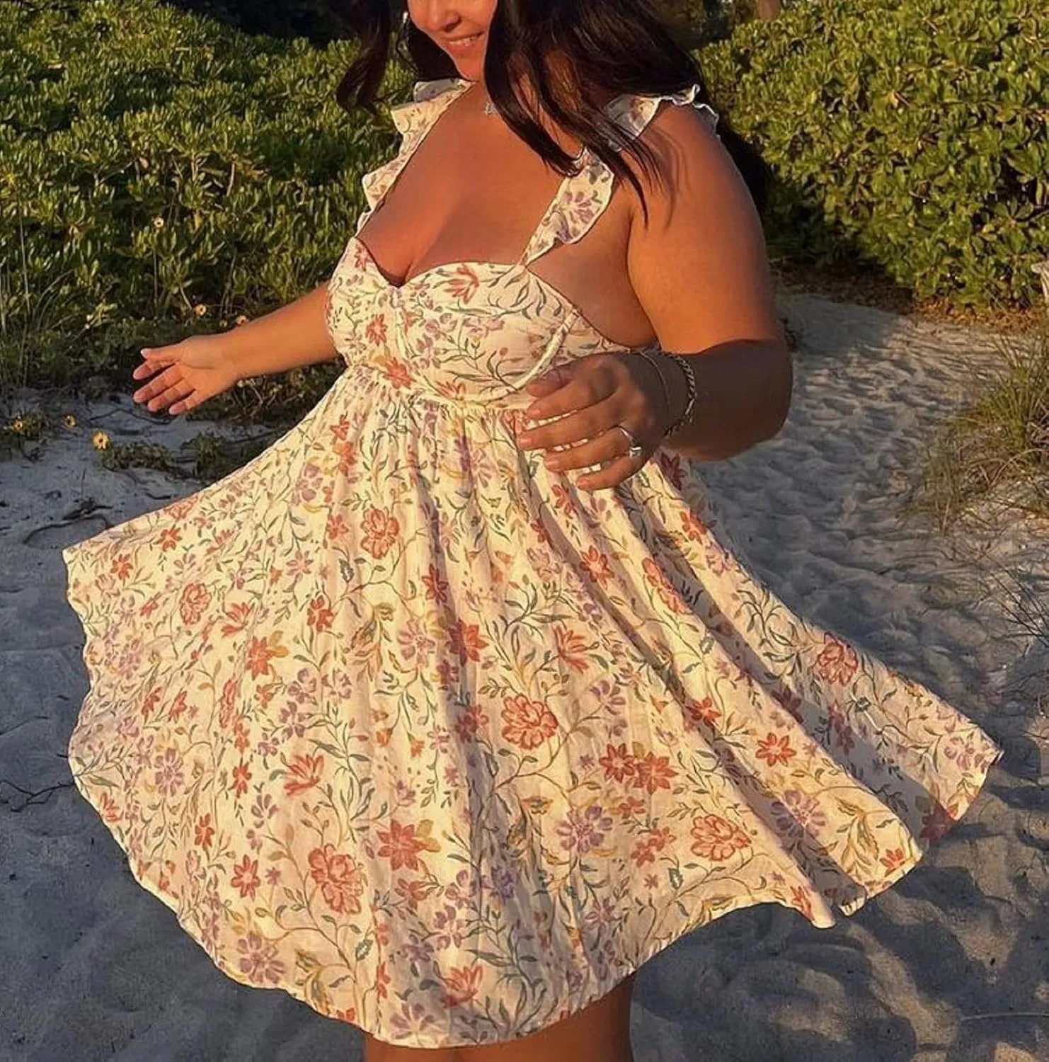 Women Cute Sleeveless Babydoll Mini Dress Ruffle Shoulder Square Neck Sundress Loose Fit Floral Lounge Beach Short Dress