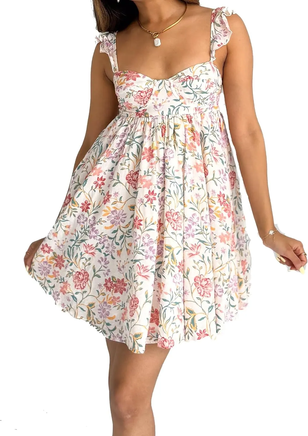 Women Cute Sleeveless Babydoll Mini Dress Ruffle Shoulder Square Neck Sundress Loose Fit Floral Lounge Beach Short Dress