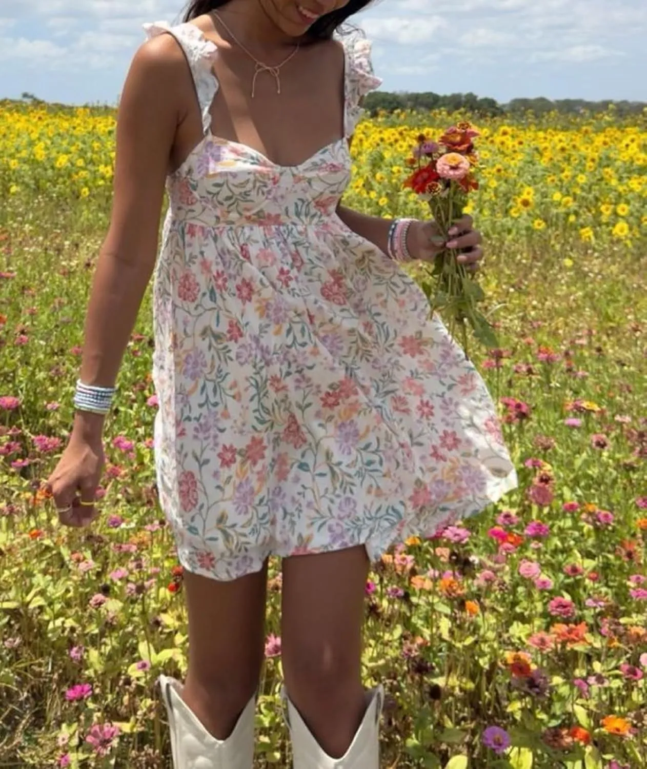 Women Cute Sleeveless Babydoll Mini Dress Ruffle Shoulder Square Neck Sundress Loose Fit Floral Lounge Beach Short Dress