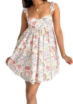 Women Cute Sleeveless Babydoll Mini Dress Ruffle Shoulder Square Neck Sundress Loose Fit Floral Lounge Beach Short Dress