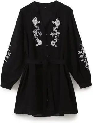 Women Floral Embroidery Mini Dress Buttons Vintage Belt Long Sleeve V Neck Casual Dresses