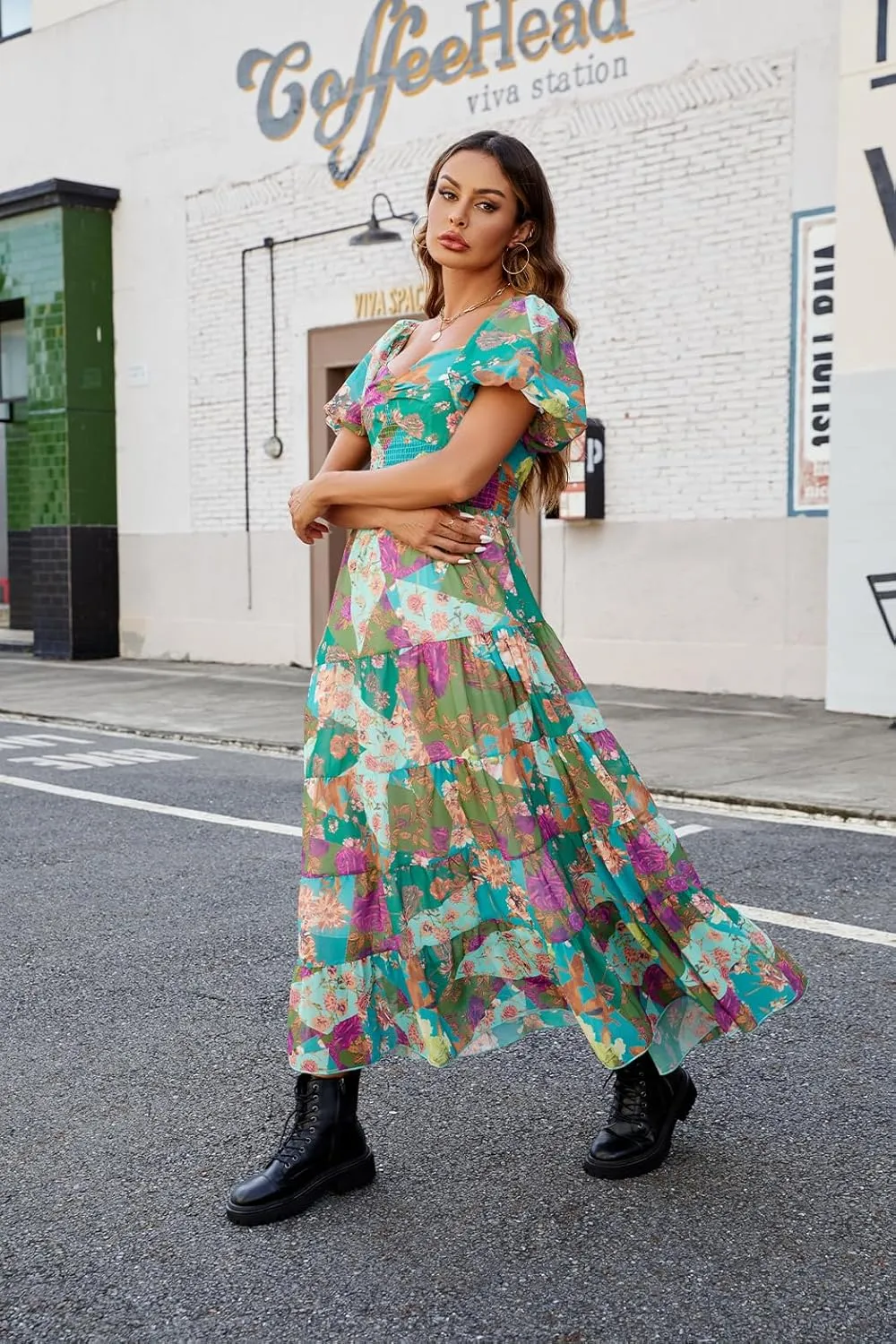 Women Floral Maxi Dress Short Puff Sleeve V Neck Bohemian Flowy Dress Smocked Casual Spring Summer Dresses