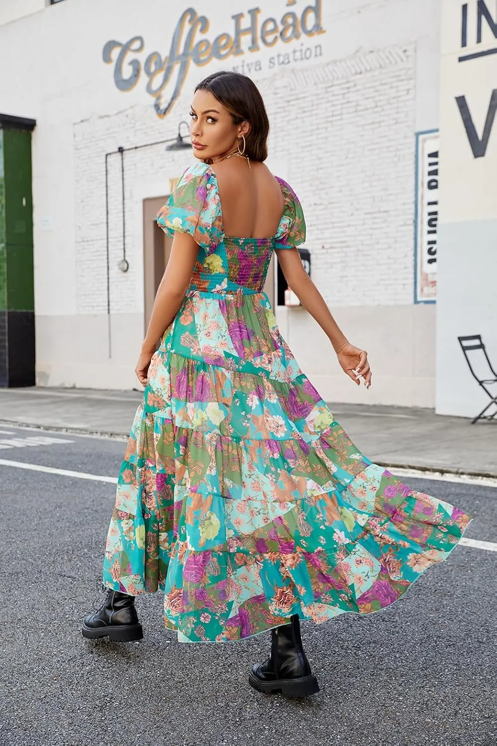 Women Floral Maxi Dress Short Puff Sleeve V Neck Bohemian Flowy Dress Smocked Casual Spring Summer Dresses