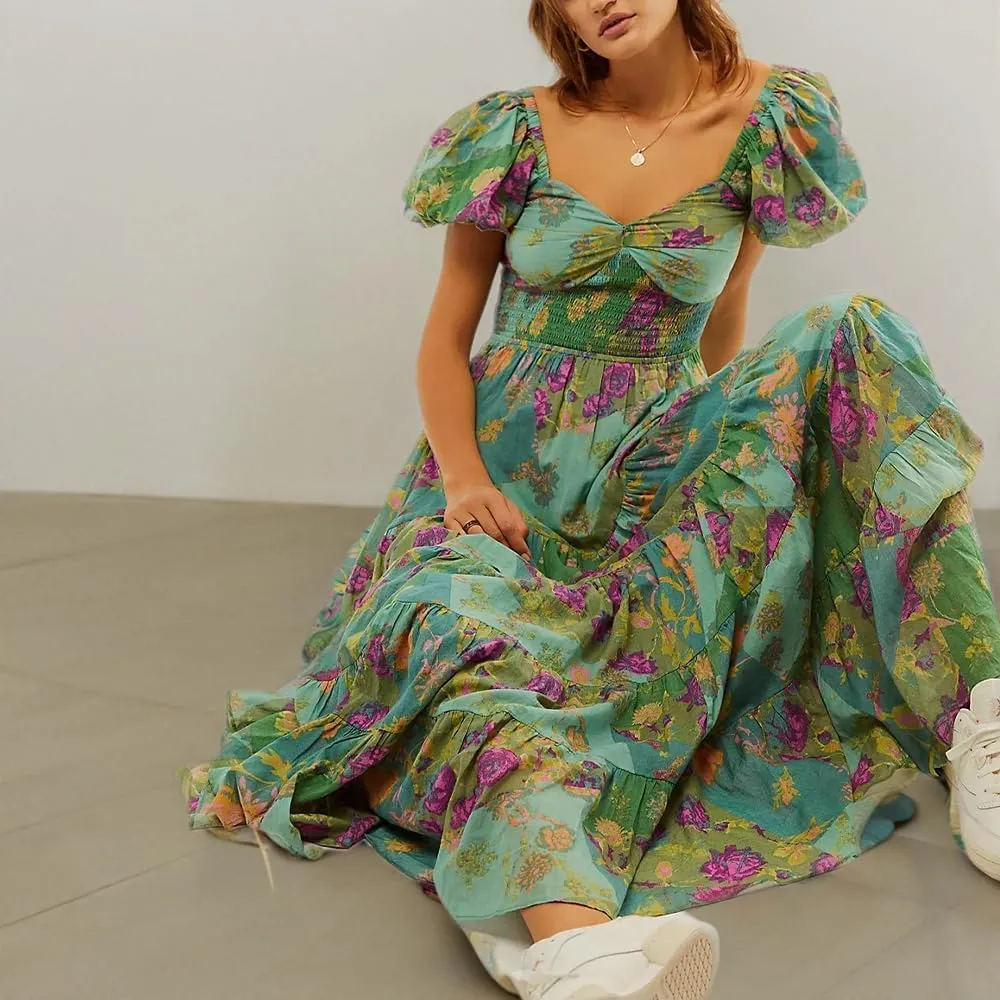 Women Floral Maxi Dress Short Puff Sleeve V Neck Bohemian Flowy Dress Smocked Casual Spring Summer Dresses