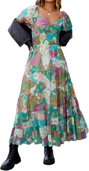 Women Floral Maxi Dress Short Puff Sleeve V Neck Bohemian Flowy Dress Smocked Casual Spring Summer Dresses