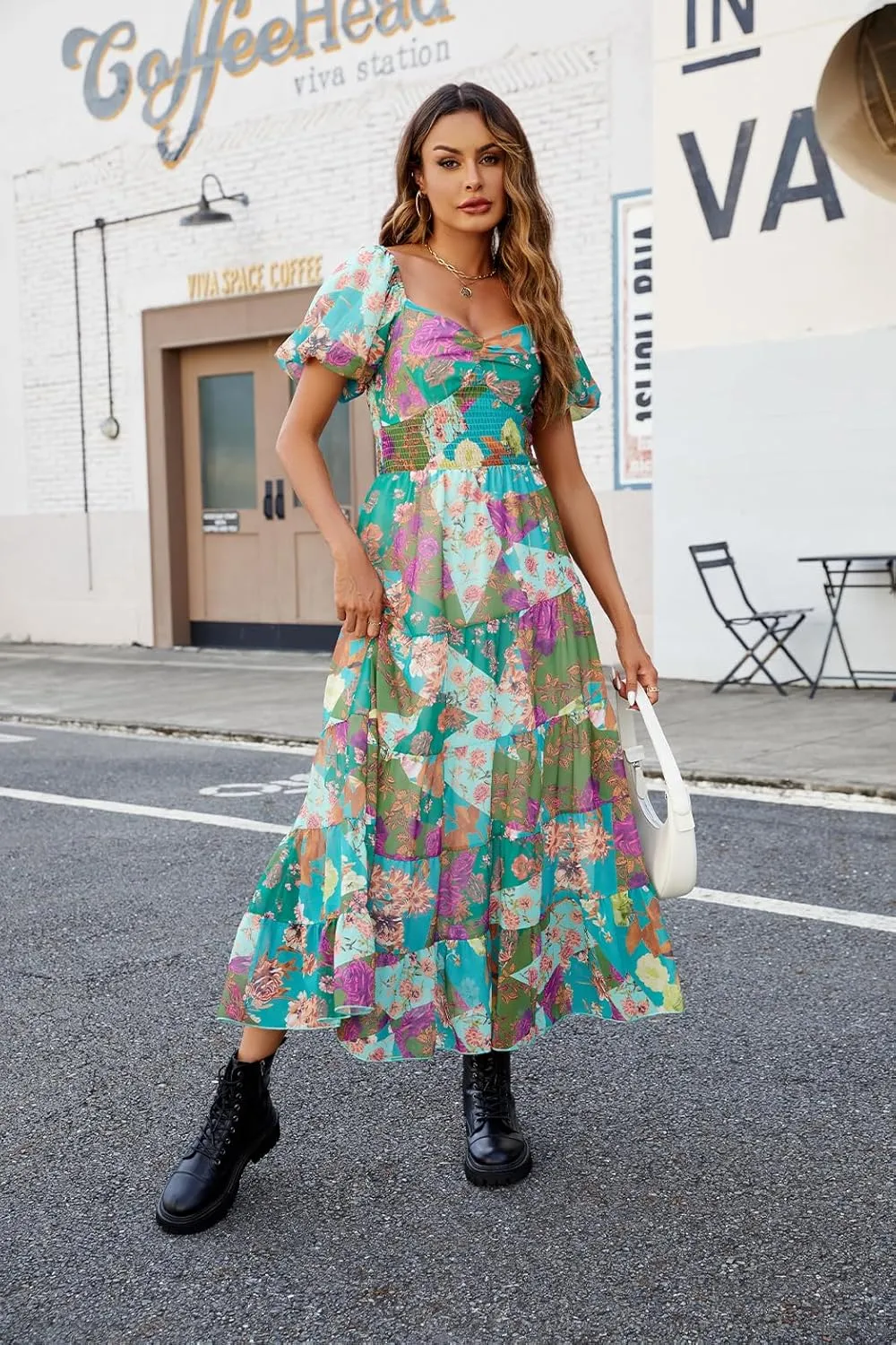 Women Floral Maxi Dress Short Puff Sleeve V Neck Bohemian Flowy Dress Smocked Casual Spring Summer Dresses