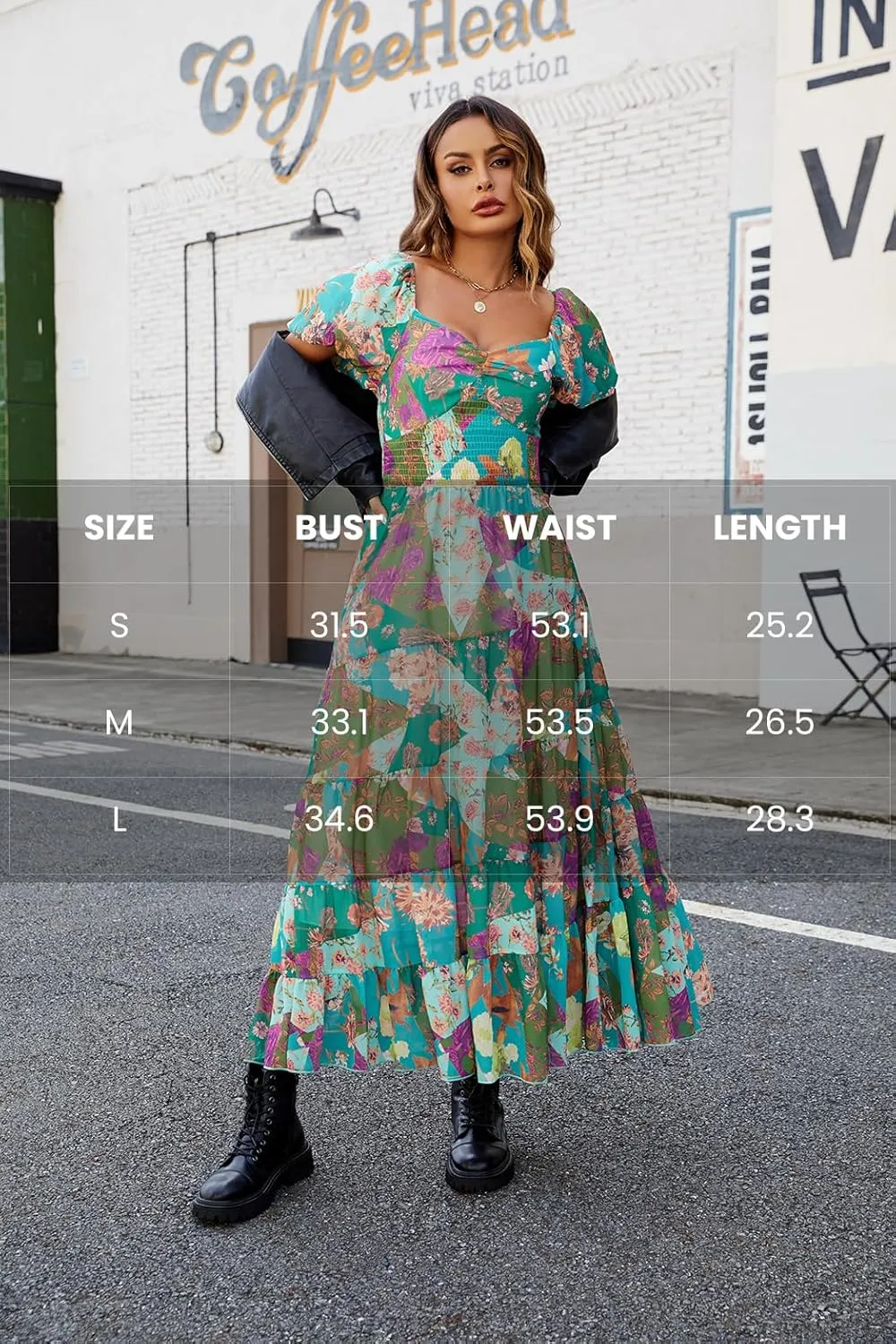 Women Floral Maxi Dress Short Puff Sleeve V Neck Bohemian Flowy Dress Smocked Casual Spring Summer Dresses