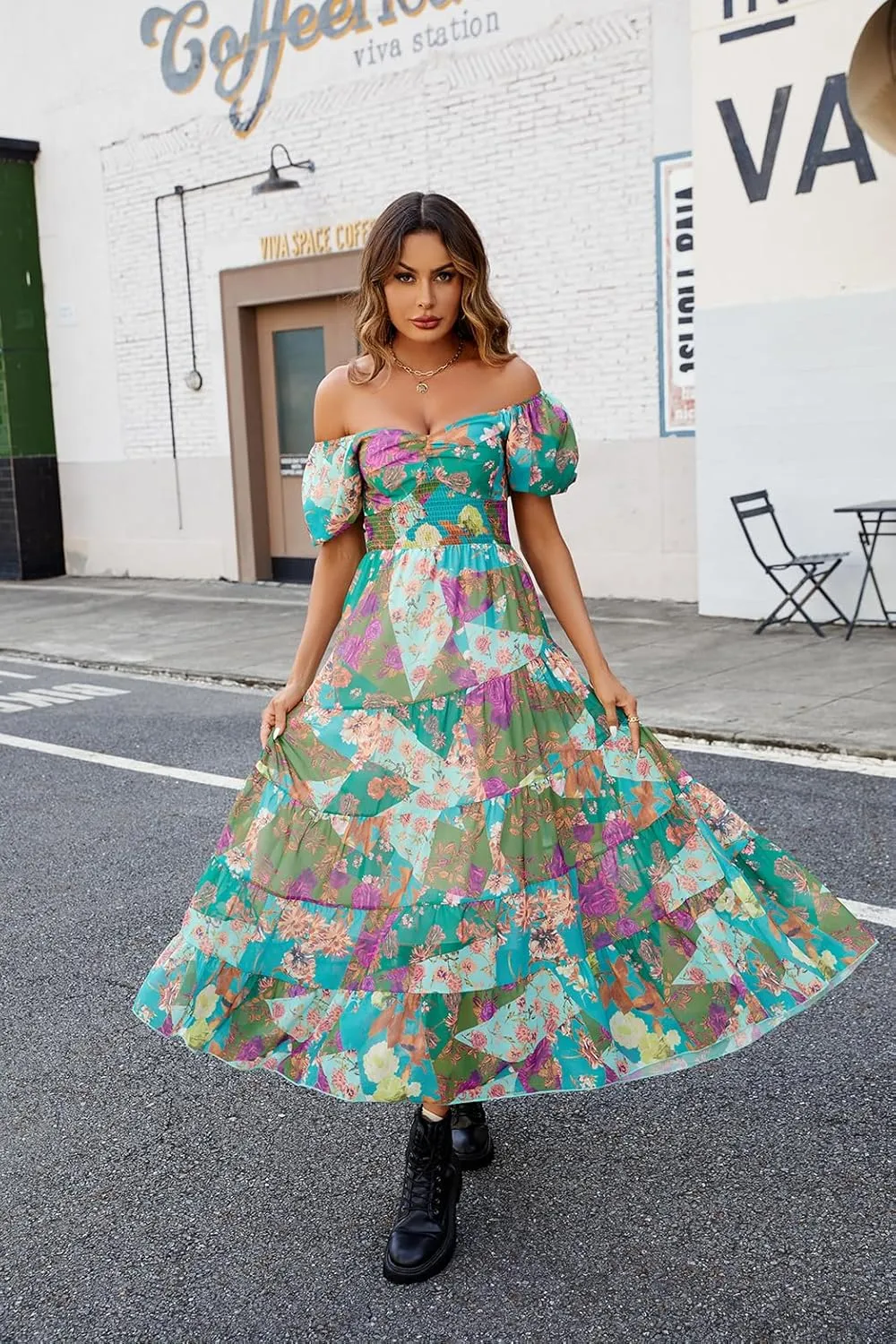 Women Floral Maxi Dress Short Puff Sleeve V Neck Bohemian Flowy Dress Smocked Casual Spring Summer Dresses