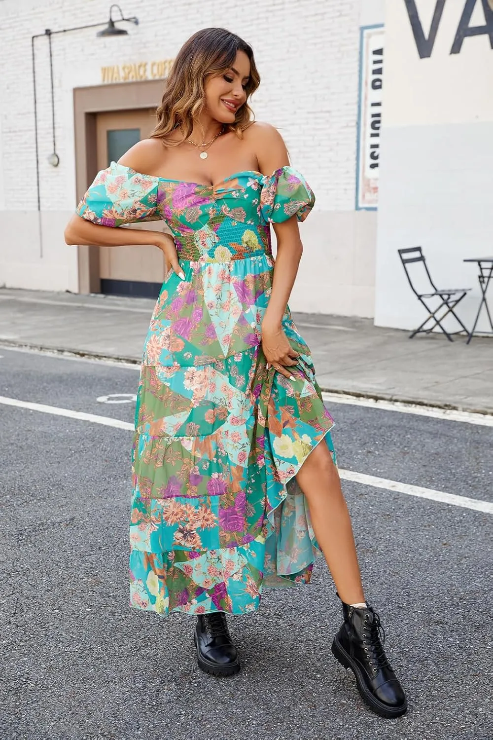 Women Floral Maxi Dress Short Puff Sleeve V Neck Bohemian Flowy Dress Smocked Casual Spring Summer Dresses