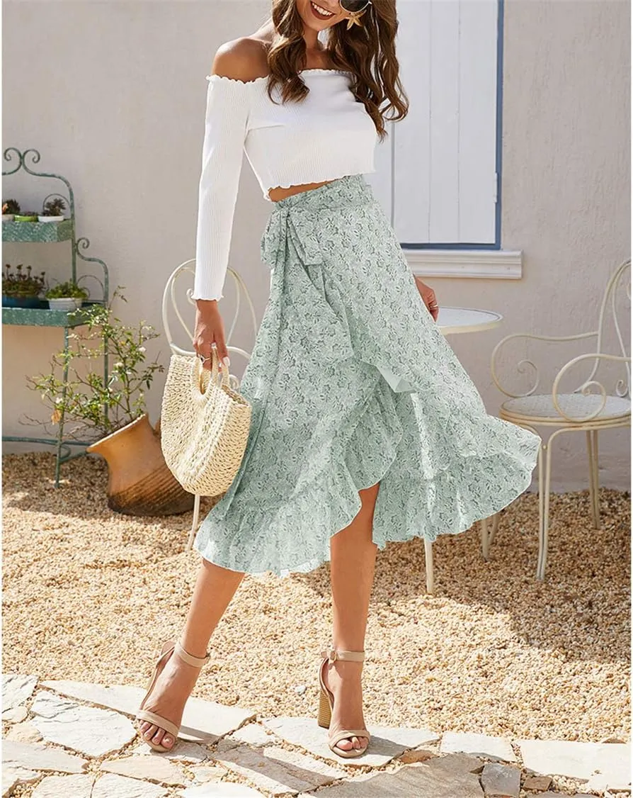 Women High Waist Floral Print Ruffle Long Bow Tie Side Split Boho Maxi Skirt