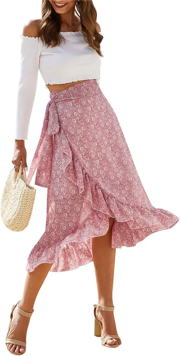 Women High Waist Floral Print Ruffle Long Bow Tie Side Split Boho Maxi Skirt