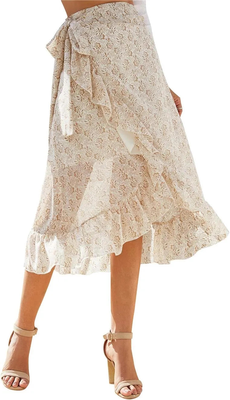 Women High Waist Floral Print Ruffle Long Bow Tie Side Split Boho Maxi Skirt