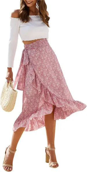 Women High Waist Floral Print Ruffle Long Bow Tie Side Split Boho Maxi Skirt
