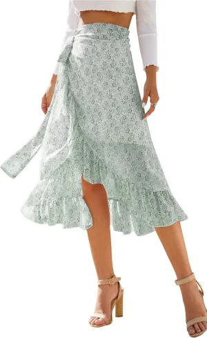 Women High Waist Floral Print Ruffle Long Bow Tie Side Split Boho Maxi Skirt