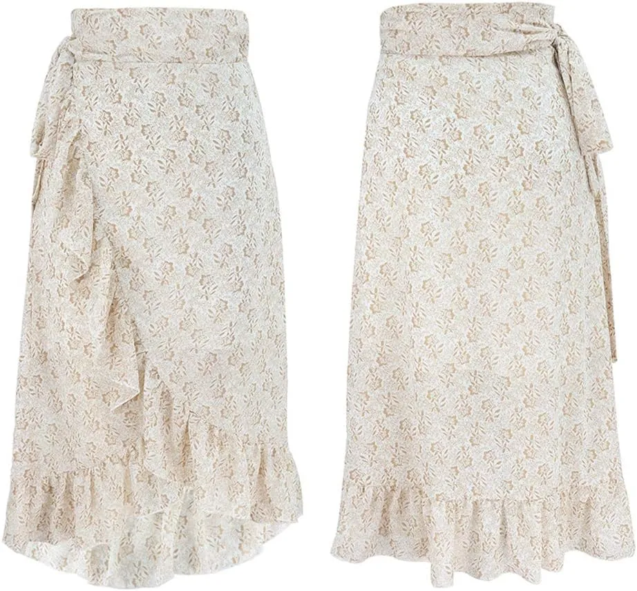 Women High Waist Floral Print Ruffle Long Bow Tie Side Split Boho Maxi Skirt