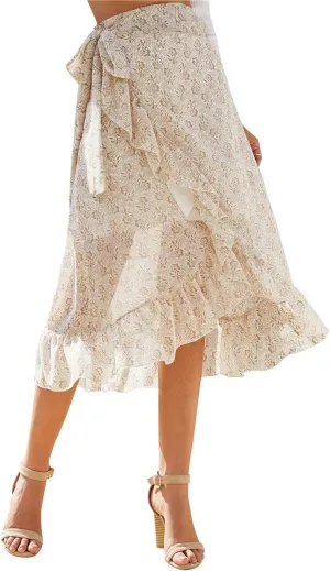 Women High Waist Floral Print Ruffle Long Bow Tie Side Split Boho Maxi Skirt