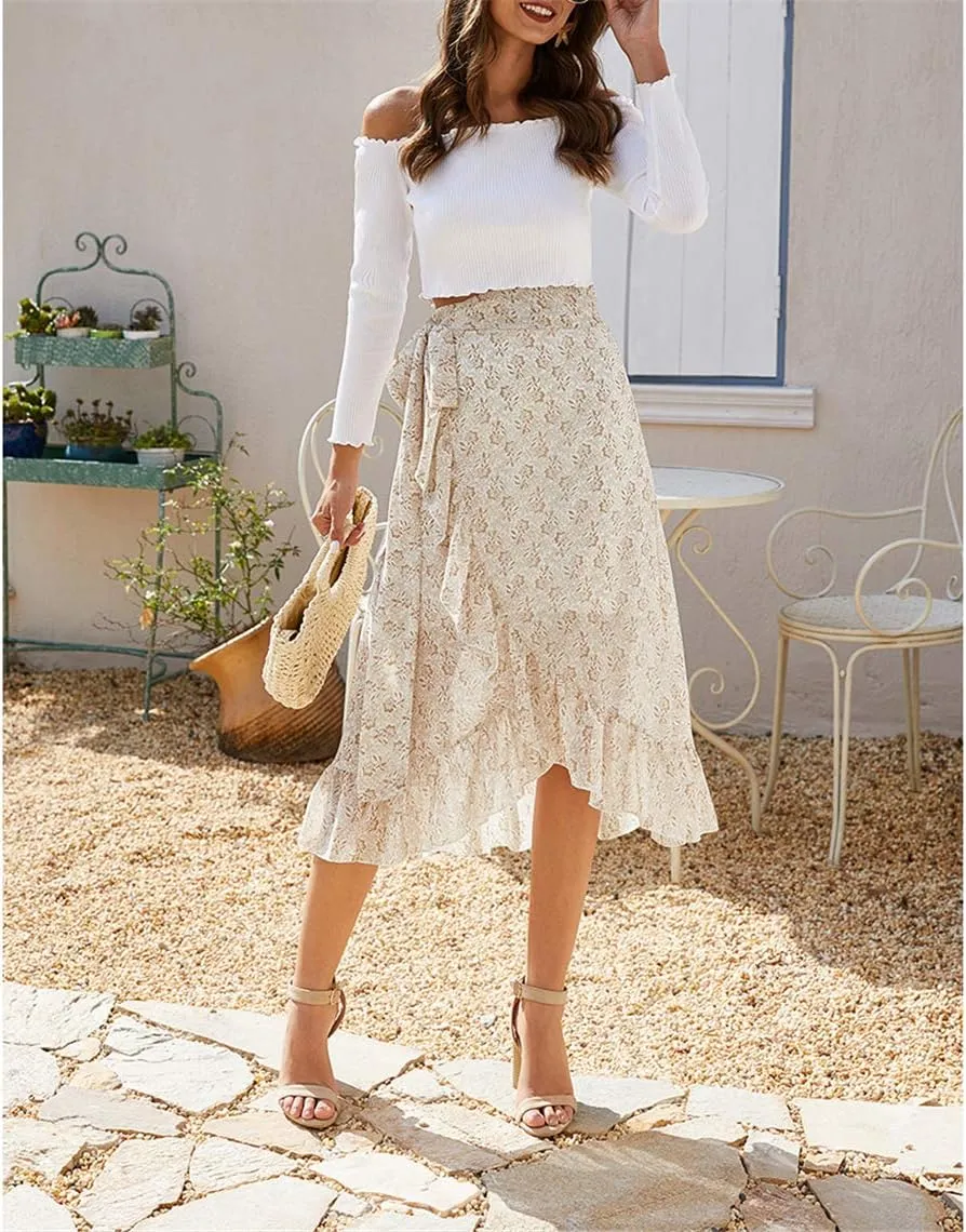 Women High Waist Floral Print Ruffle Long Bow Tie Side Split Boho Maxi Skirt