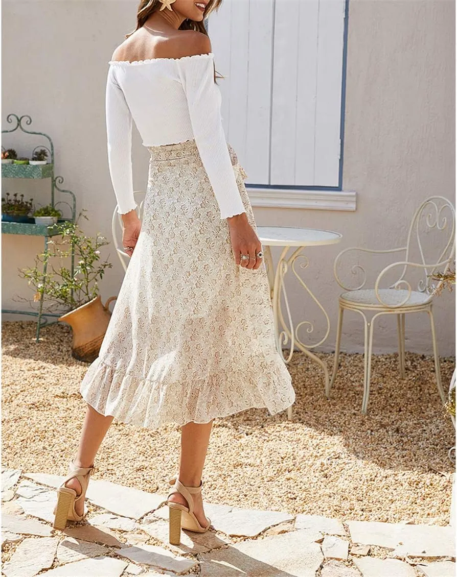 Women High Waist Floral Print Ruffle Long Bow Tie Side Split Boho Maxi Skirt