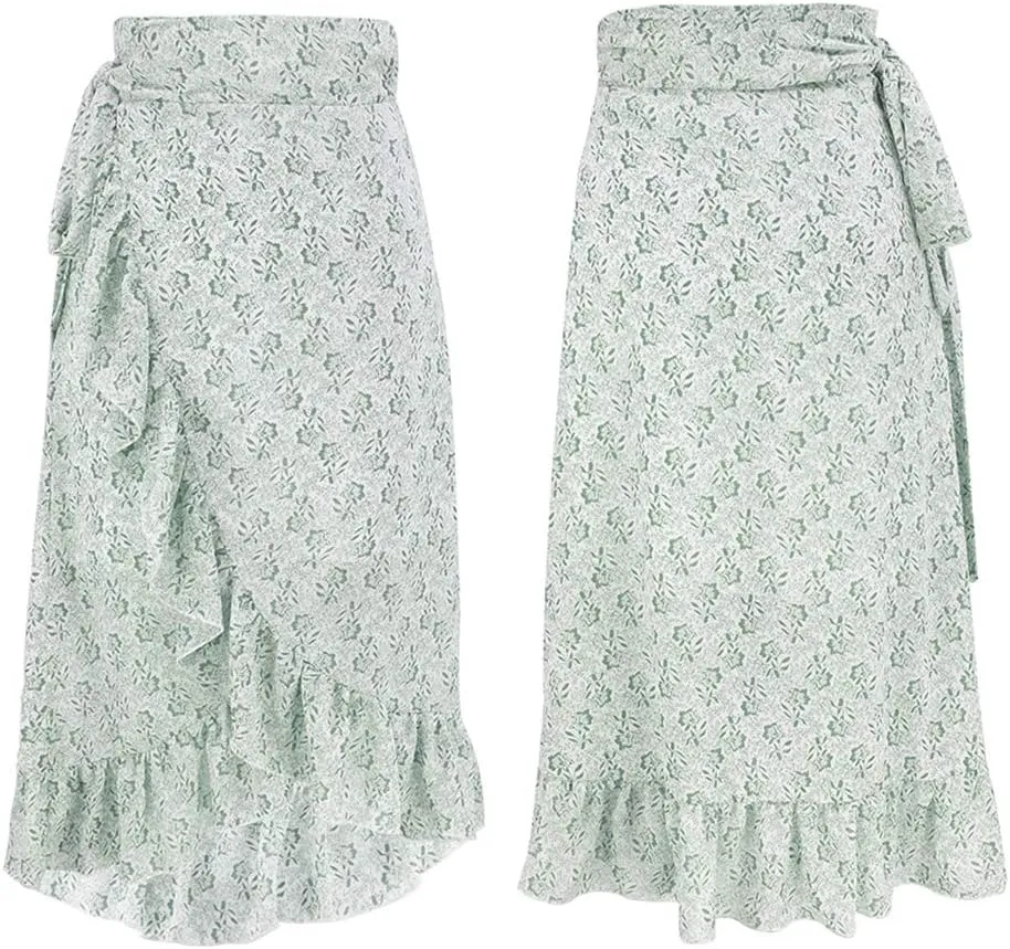 Women High Waist Floral Print Ruffle Long Bow Tie Side Split Boho Maxi Skirt