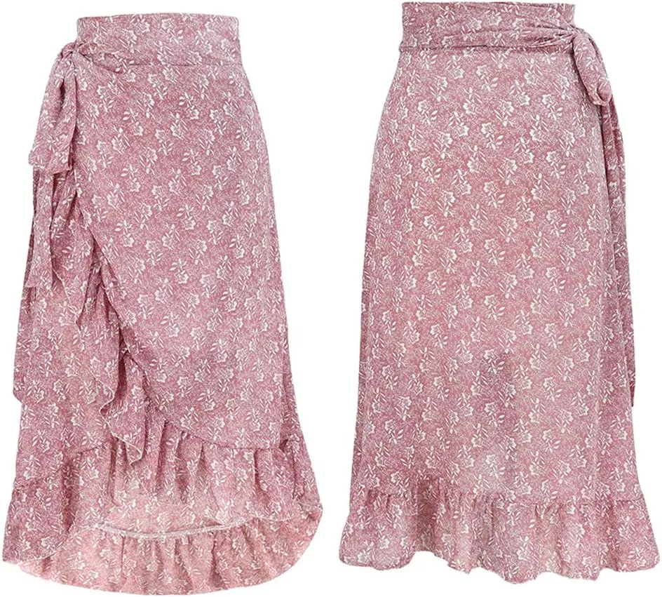 Women High Waist Floral Print Ruffle Long Bow Tie Side Split Boho Maxi Skirt