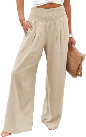 Women Linen Palazzo Pants Summer High Waisted Pants Wide Leg Long Lounge Pant Vacation Casual Trousers with Pocket