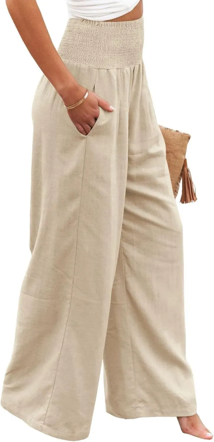 Women Linen Palazzo Pants Summer High Waisted Pants Wide Leg Long Lounge Pant Vacation Casual Trousers with Pocket