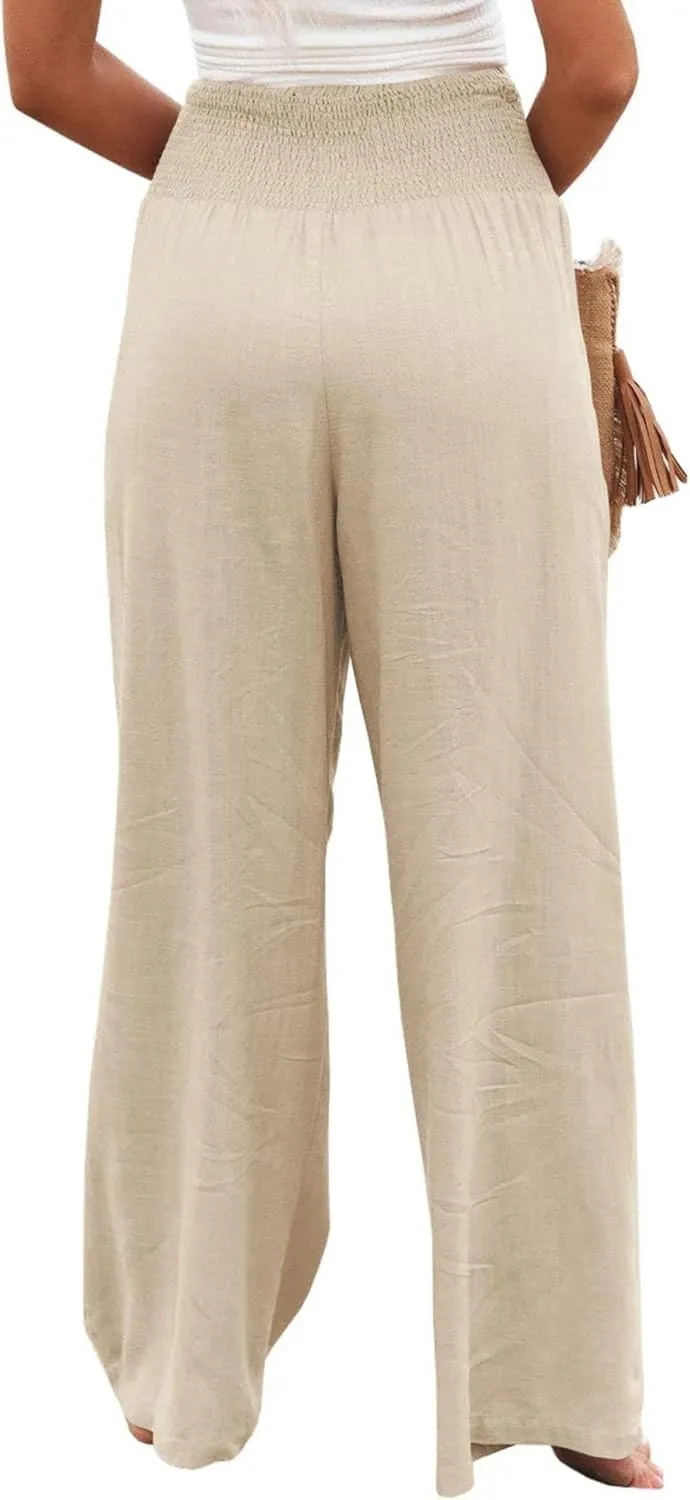 Women Linen Palazzo Pants Summer High Waisted Pants Wide Leg Long Lounge Pant Vacation Casual Trousers with Pocket