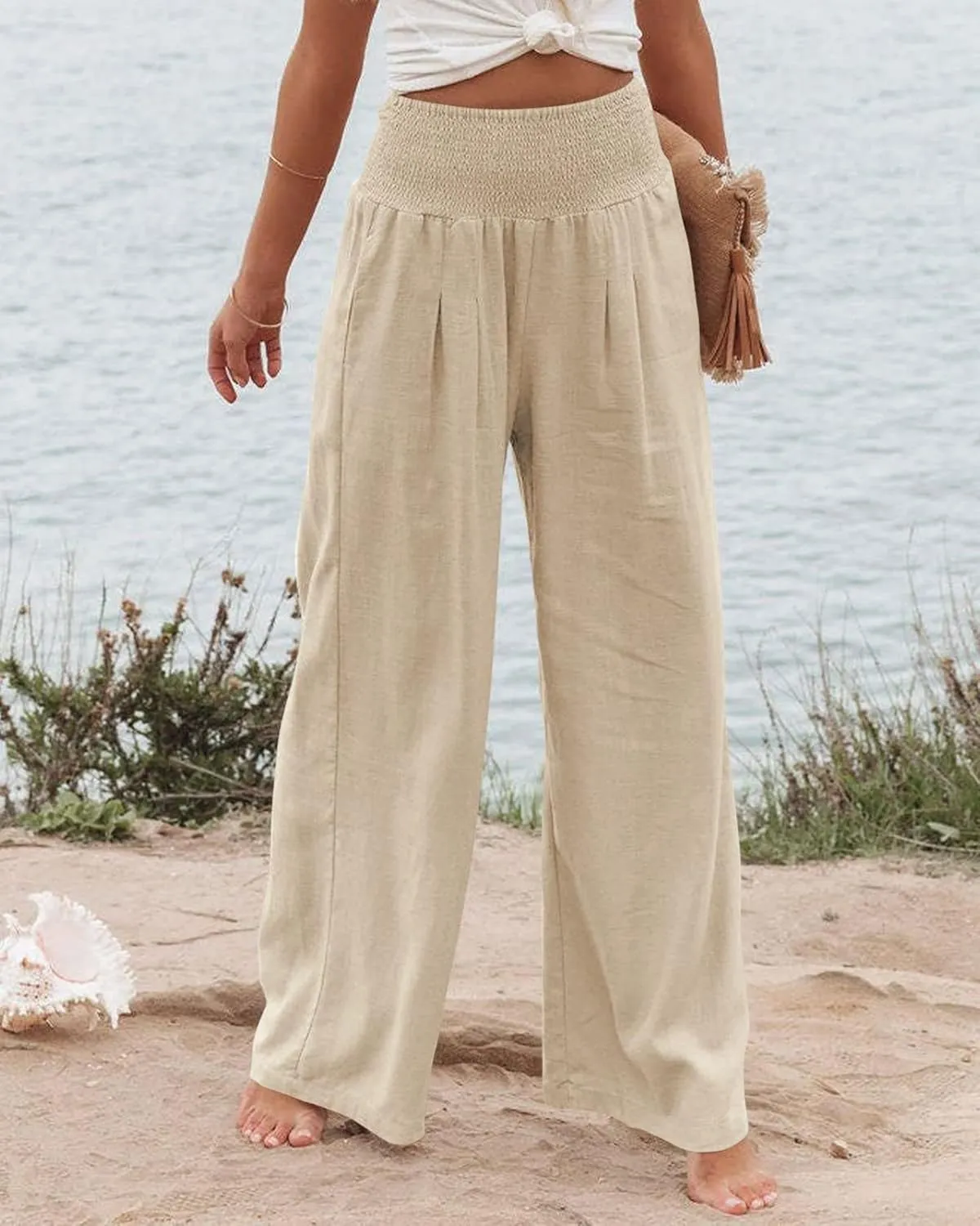 Women Linen Palazzo Pants Summer High Waisted Pants Wide Leg Long Lounge Pant Vacation Casual Trousers with Pocket