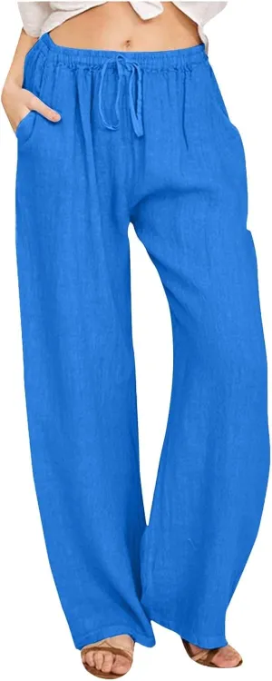 Women Linen Pants Casual Baggy Pants with Pockets Summer Comfy Wide Leg Trousers Boho Lounge Palazzo Pant Beach Wear