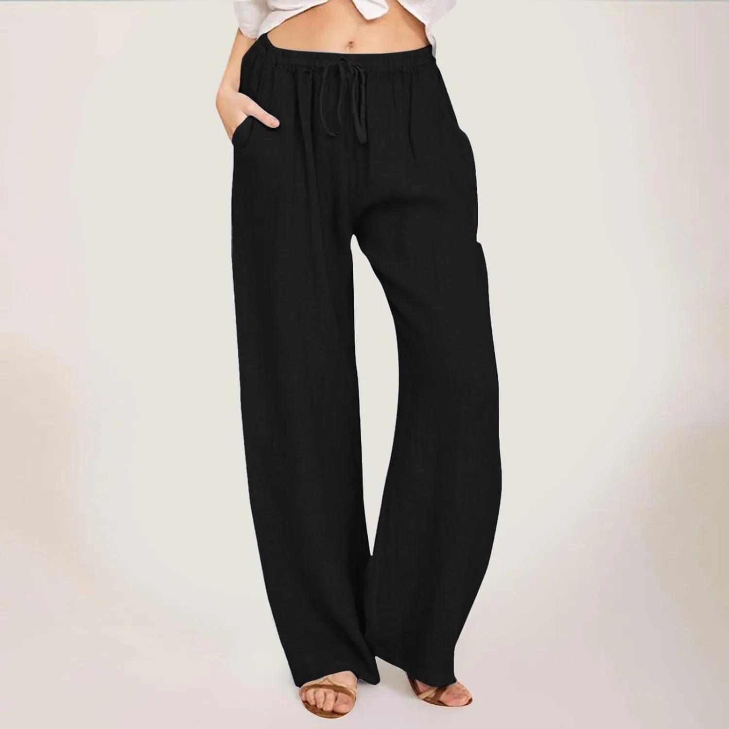 Women Linen Pants Casual Baggy Pants with Pockets Summer Comfy Wide Leg Trousers Boho Lounge Palazzo Pant Beach Wear