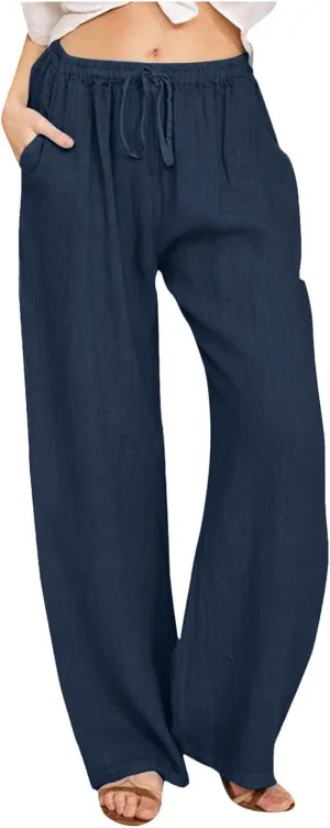Women Linen Pants Casual Baggy Pants with Pockets Summer Comfy Wide Leg Trousers Boho Lounge Palazzo Pant Beach Wear