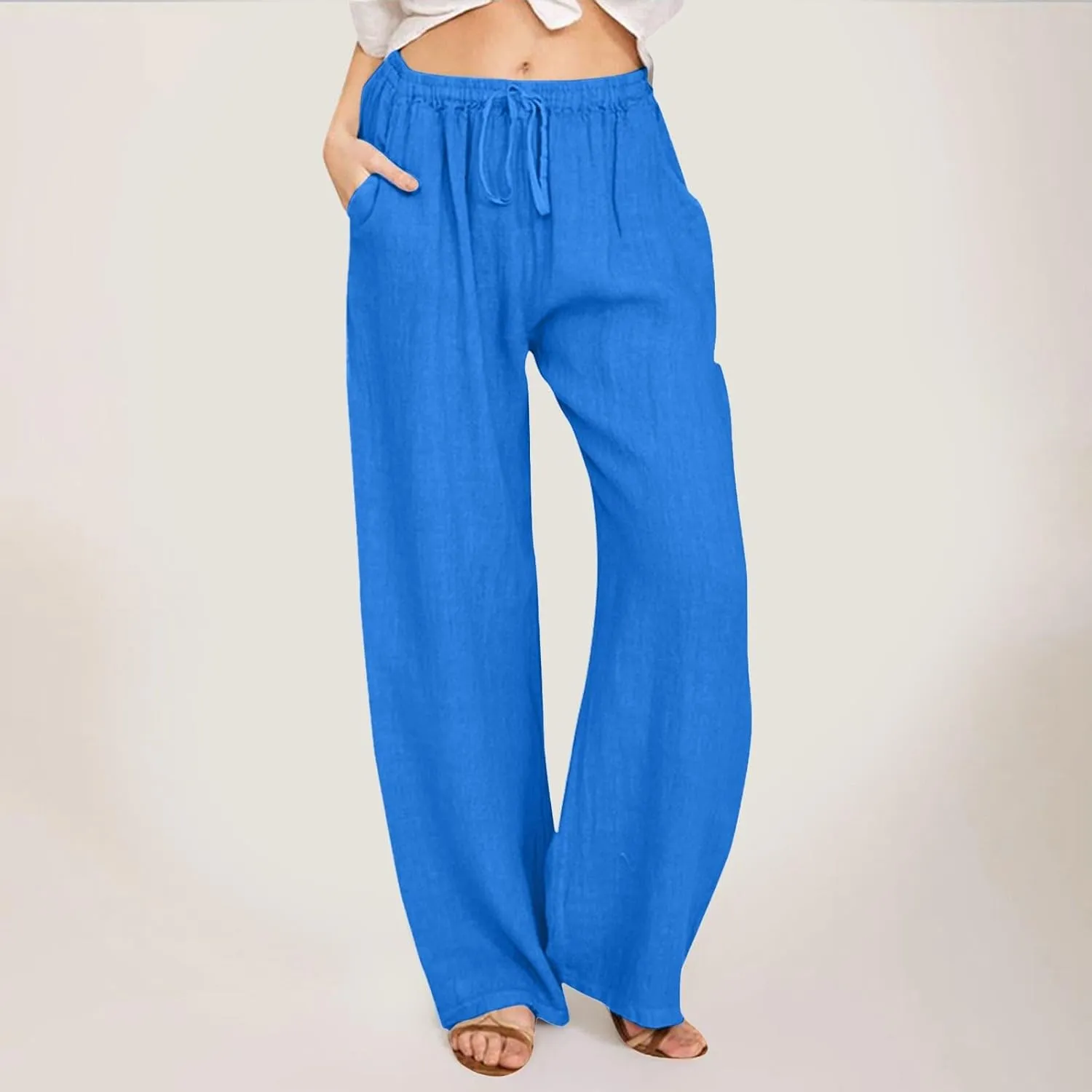Women Linen Pants Casual Baggy Pants with Pockets Summer Comfy Wide Leg Trousers Boho Lounge Palazzo Pant Beach Wear