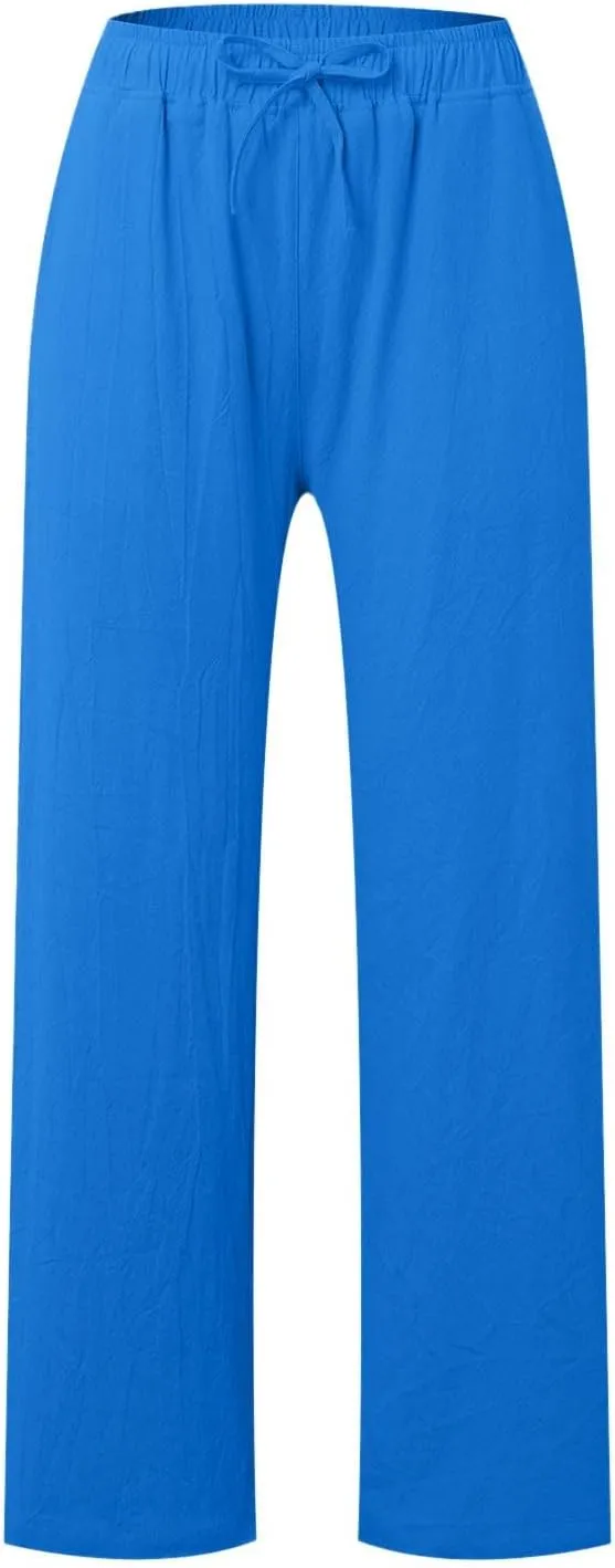 Women Linen Pants Casual Baggy Pants with Pockets Summer Comfy Wide Leg Trousers Boho Lounge Palazzo Pant Beach Wear