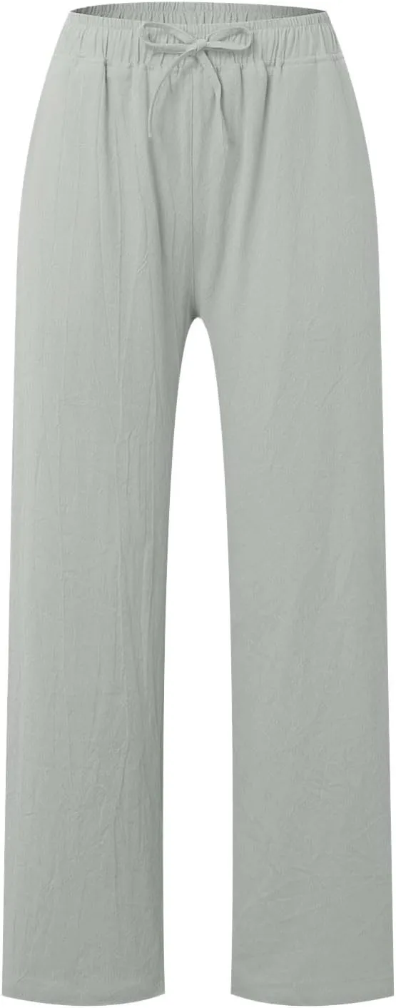 Women Linen Pants Casual Baggy Pants with Pockets Summer Comfy Wide Leg Trousers Boho Lounge Palazzo Pant Beach Wear