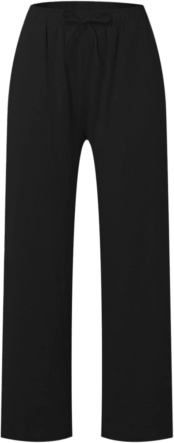 Women Linen Pants Casual Baggy Pants with Pockets Summer Comfy Wide Leg Trousers Boho Lounge Palazzo Pant Beach Wear