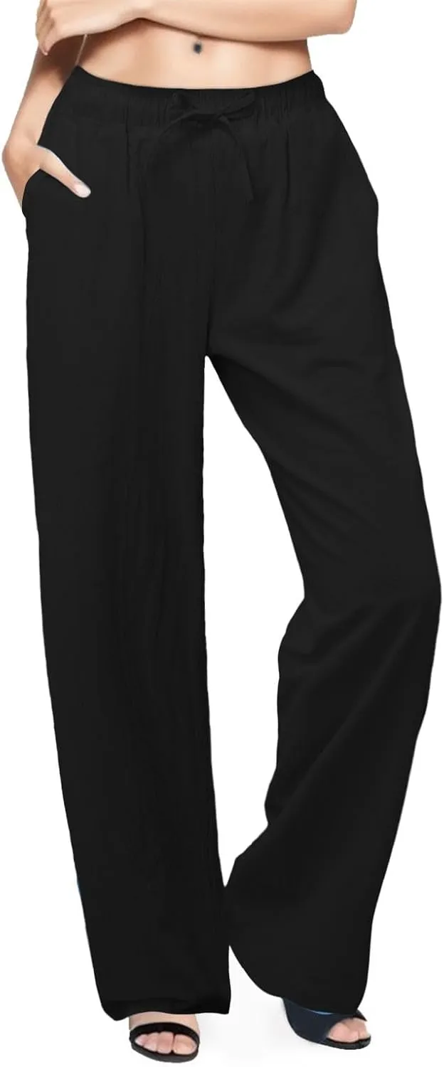Women Linen Pants Casual Baggy Pants with Pockets Summer Comfy Wide Leg Trousers Boho Lounge Palazzo Pant Beach Wear