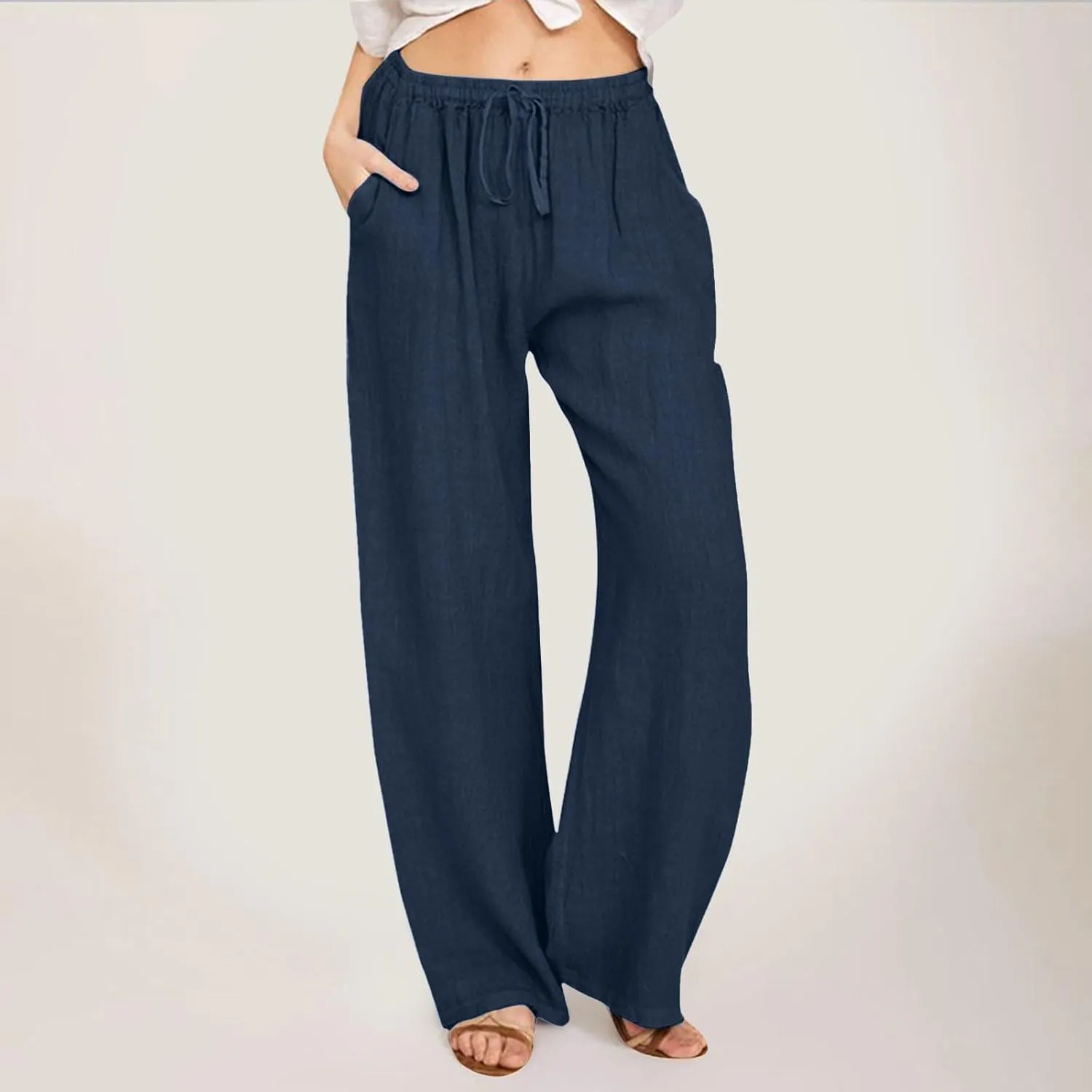 Women Linen Pants Casual Baggy Pants with Pockets Summer Comfy Wide Leg Trousers Boho Lounge Palazzo Pant Beach Wear