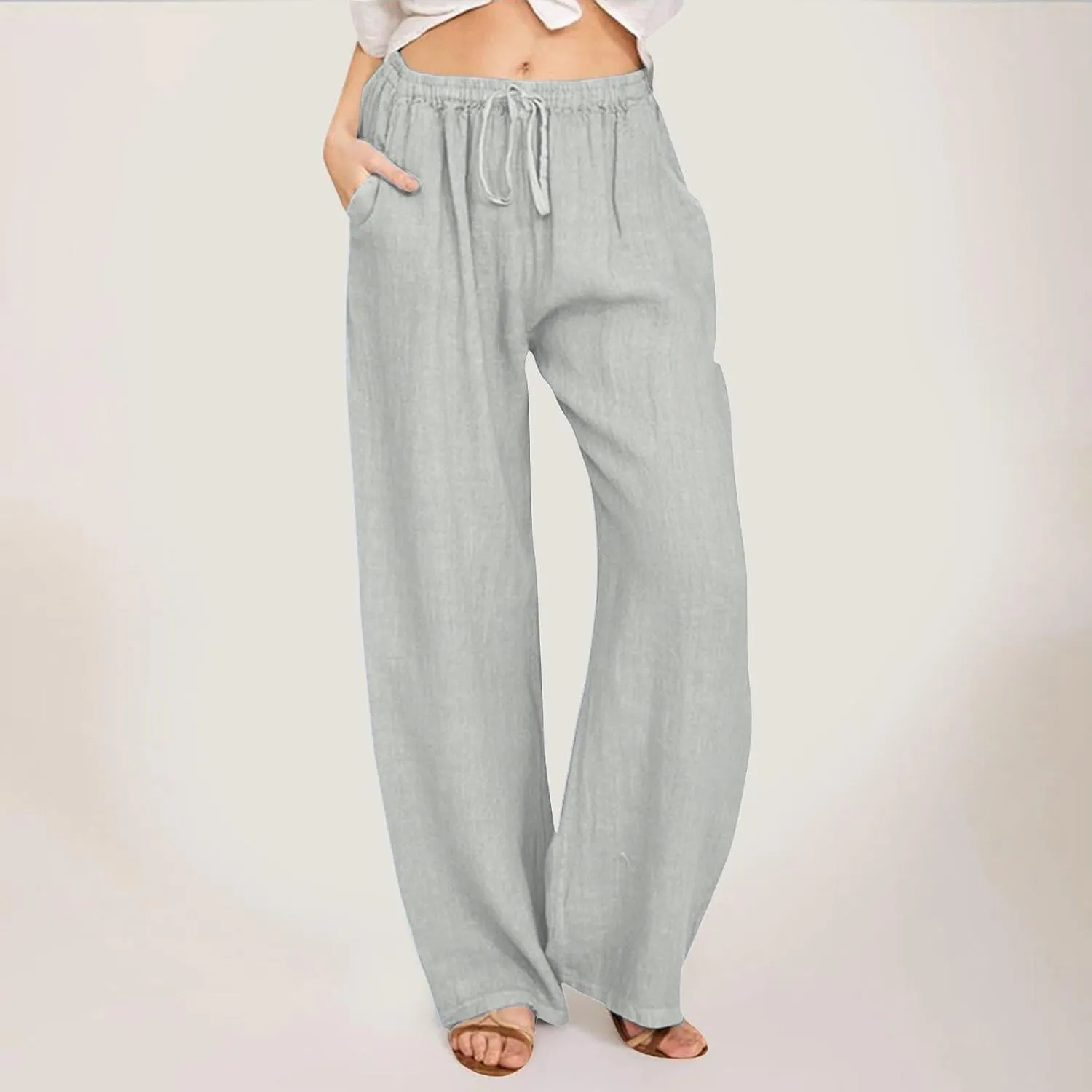 Women Linen Pants Casual Baggy Pants with Pockets Summer Comfy Wide Leg Trousers Boho Lounge Palazzo Pant Beach Wear