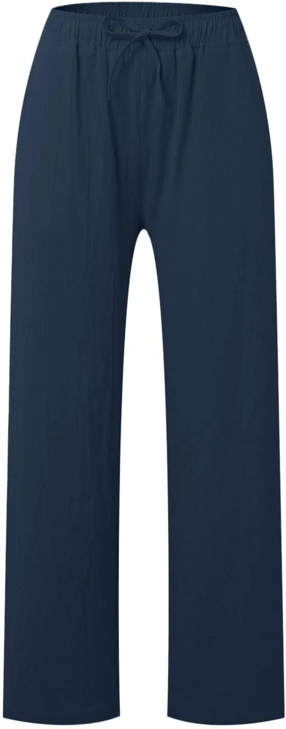Women Linen Pants Casual Baggy Pants with Pockets Summer Comfy Wide Leg Trousers Boho Lounge Palazzo Pant Beach Wear