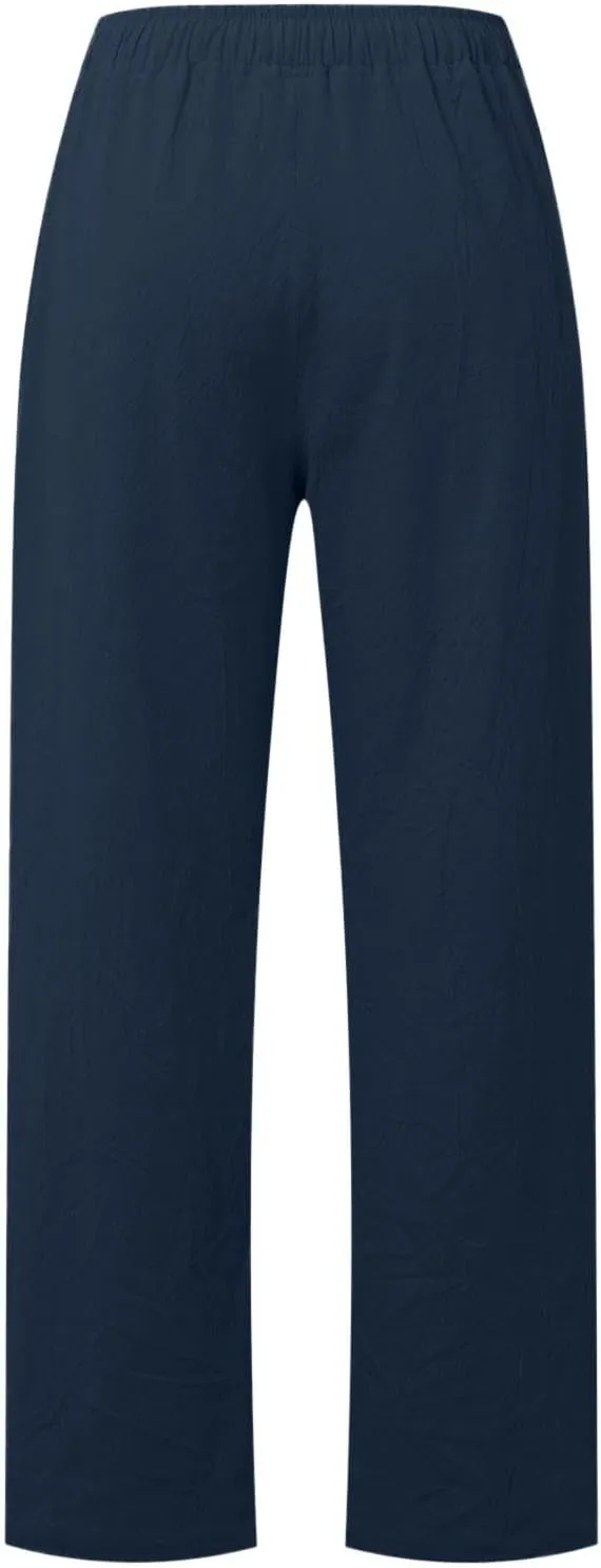 Women Linen Pants Casual Baggy Pants with Pockets Summer Comfy Wide Leg Trousers Boho Lounge Palazzo Pant Beach Wear