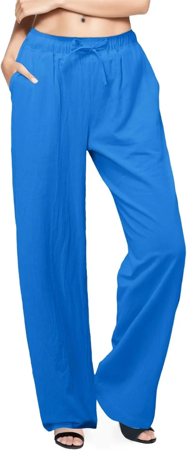 Women Linen Pants Casual Baggy Pants with Pockets Summer Comfy Wide Leg Trousers Boho Lounge Palazzo Pant Beach Wear