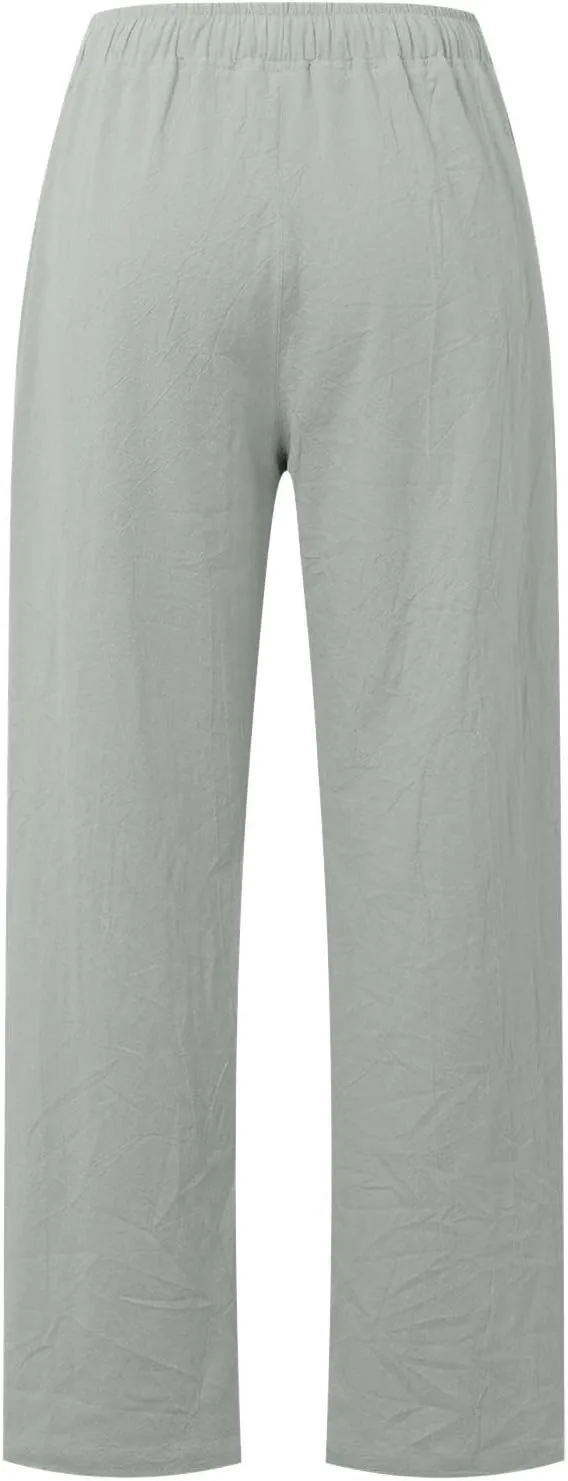 Women Linen Pants Casual Baggy Pants with Pockets Summer Comfy Wide Leg Trousers Boho Lounge Palazzo Pant Beach Wear