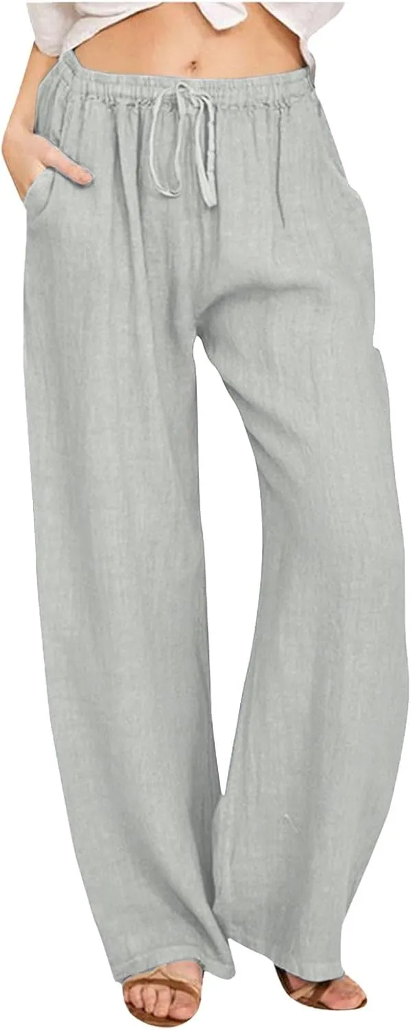 Women Linen Pants Casual Baggy Pants with Pockets Summer Comfy Wide Leg Trousers Boho Lounge Palazzo Pant Beach Wear