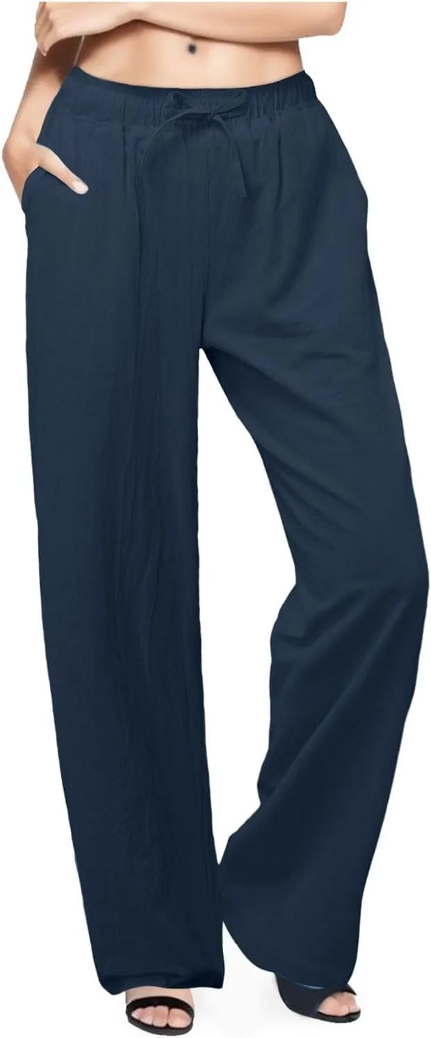 Women Linen Pants Casual Baggy Pants with Pockets Summer Comfy Wide Leg Trousers Boho Lounge Palazzo Pant Beach Wear