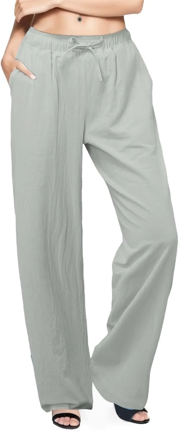 Women Linen Pants Casual Baggy Pants with Pockets Summer Comfy Wide Leg Trousers Boho Lounge Palazzo Pant Beach Wear