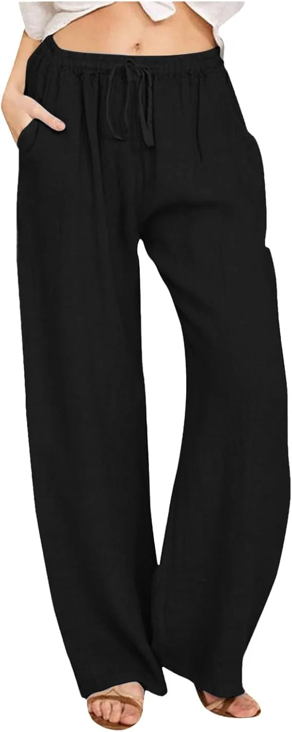 Women Linen Pants Casual Baggy Pants with Pockets Summer Comfy Wide Leg Trousers Boho Lounge Palazzo Pant Beach Wear