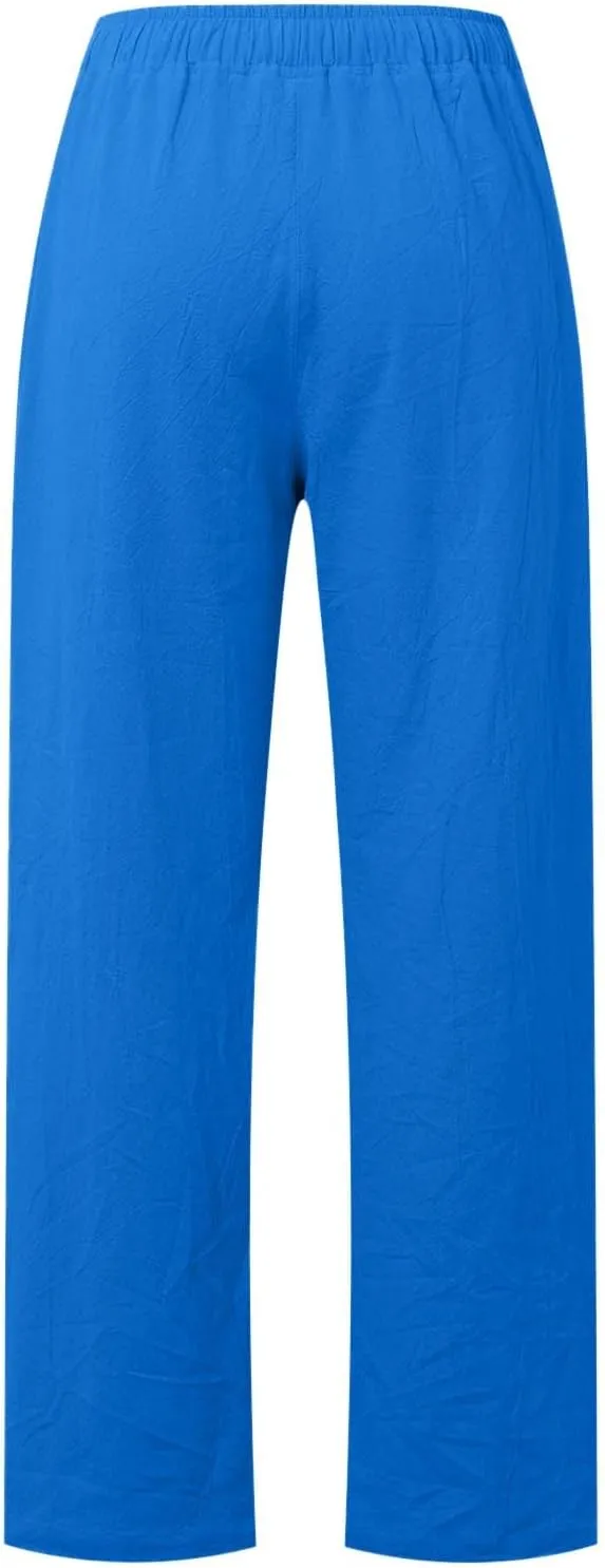 Women Linen Pants Casual Baggy Pants with Pockets Summer Comfy Wide Leg Trousers Boho Lounge Palazzo Pant Beach Wear