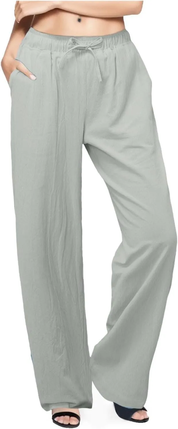 Women Linen Pants Casual Baggy Pants with Pockets Summer Comfy Wide Leg Trousers Boho Lounge Palazzo Pant Beach Wear