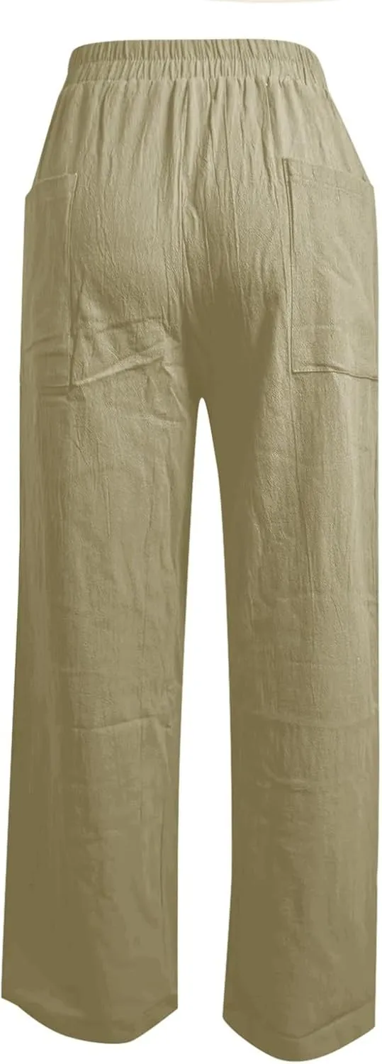 Women Linen Pants Drawstring Wide Leg Pants Flowy Elastic Waist Pant Casual Palazzo Trouser High Waisted Lounge Pant