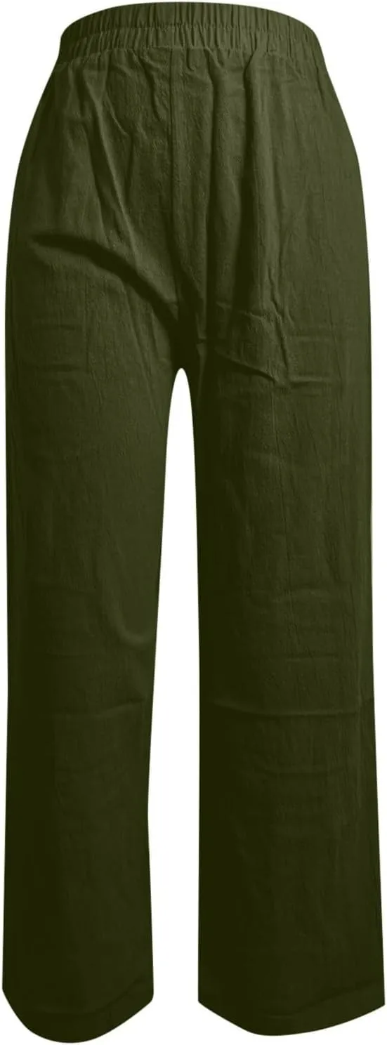 Women Linen Pants Drawstring Wide Leg Pants Flowy Elastic Waist Pant Casual Palazzo Trouser High Waisted Lounge Pant